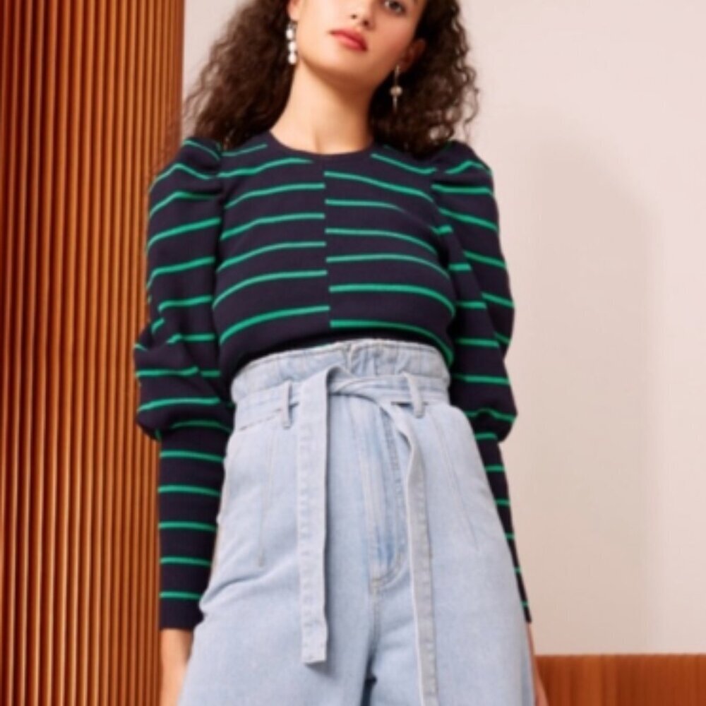 C/MEO Collective Navy Blue Green Stripe Puff Shoulder Sweater XS